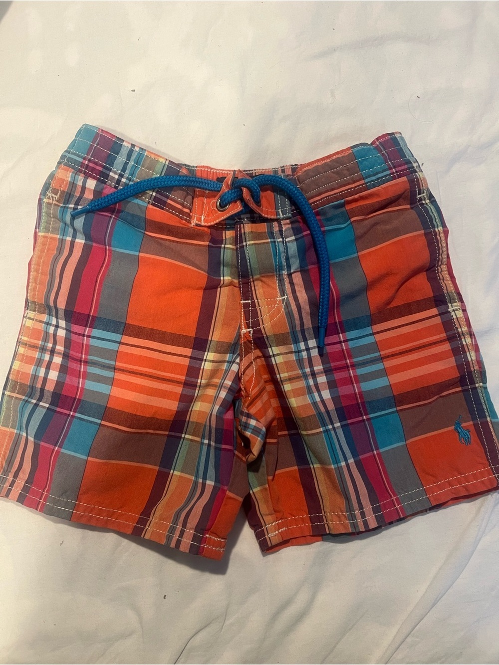 Polo by Ralph Lauren Orange Plaid Kids Swim Trunks with Blue Drawstring